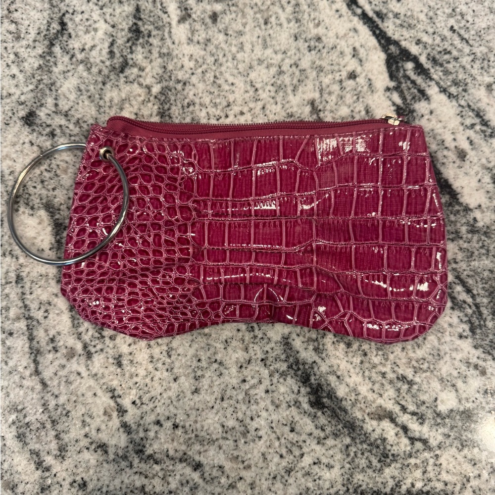 Raspberry Crocodile-Embossed Wristlet